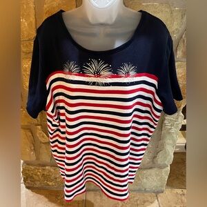 Kim Rogers Patriotic Knit Top Women's XL USA July 4th Red White & Blue Fireworks